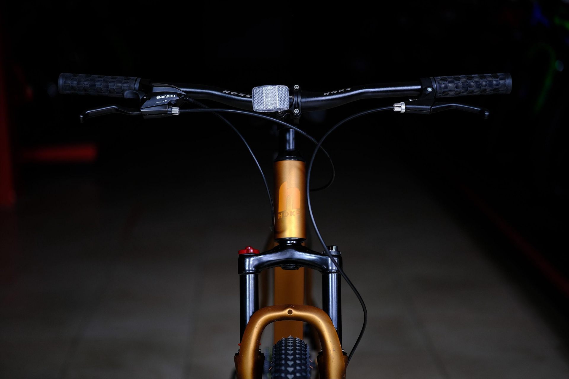 Вилка амортизационная пружинная 100 mm с функцией регулировки и блокировки хода (механическая блокировка)
 HOKE ONE WAY 29 матовый коричневый-золотой 19
